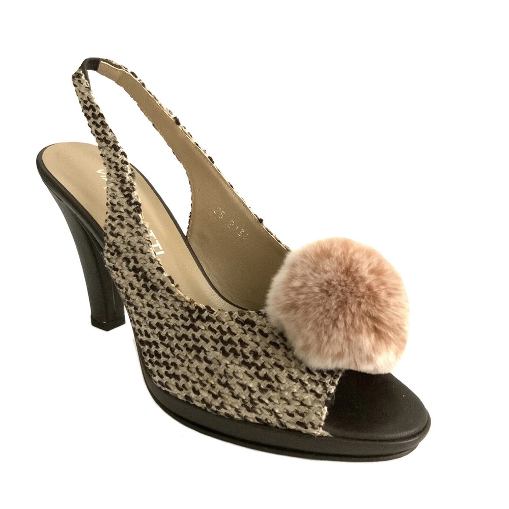 Via Condotti Tweed Pom Pom Sling-back Peep-toe Sandals Brown 8